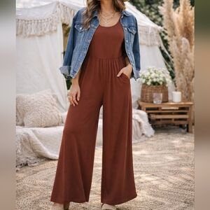 Old Navy Rust Brown Rayon Blend Wide-Leg Jumpsuit Pockets Boho Casual Chic